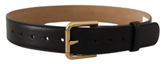 Dolce & Gabbana Black Solid Leather Classic Gold Waist Buckle Belt
