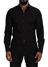 Dolce & Gabbana Black Cotton Collared Long Sleeve GOLD Shirt