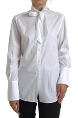 Dolce & Gabbana White Cotton Ascot Collar Long Sleeves Top
