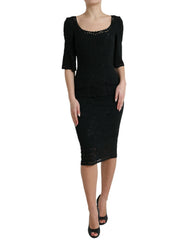 Dolce & Gabbana Black Floral Lace Viscose Bodycon Midi Dress