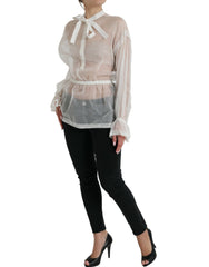 Dolce & Gabbana White Silk Long Sleeves Ascot Collar Top