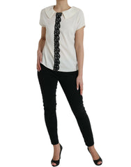 Dolce & Gabbana Off White Silk Lace Trim Short Sleeves Top