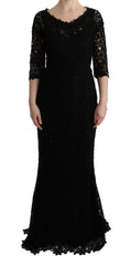 Dolce & Gabbana Black Floral Ricamo Sheath Long Dress