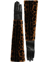 Dolce & Gabbana Brown Black Leopard Leather Elbow Length Gloves