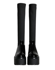 Dolce & Gabbana Black Leather Jersey Knee High Boots Shoes