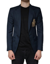 Dolce & Gabbana Blue Wool Logo Single Breasted Coat Blazer