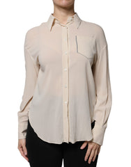 Brunello Cucinelli Beige Silk Blend Collared Button Down Top