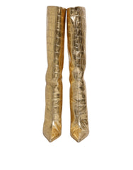 Dolce & Gabbana Gold Leather Stiletto Heels High Boots Shoes