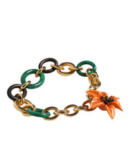 Dolce & Gabbana Multicolor Gold Brass Orange Lily Floral Chain Necklace