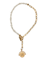 Dolce & Gabbana Gold Chain Brass Faux Pearl Charm Logo Pendant Necklace