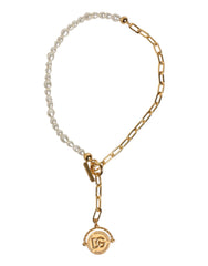 Dolce & Gabbana Gold Chain Brass Faux Pearl Charm Logo Pendant Necklace