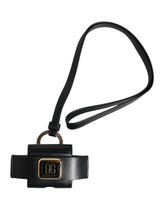 Dolce & Gabbana Black Leather Strap Gold Metal Logo Plaque Airpods Case