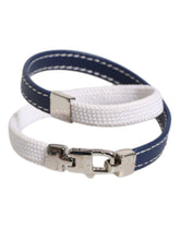 Dolce & Gabbana Blue White Leather Trimmed DG Engraved Silver Tone Clasp Bracelet