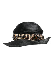 Dolce & Gabbana Black Straw Crystal Embellished Wide Brim Hat