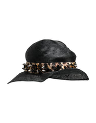 Dolce & Gabbana Black Straw Crystal Embellished Wide Brim Hat