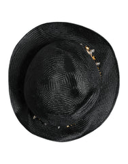 Dolce & Gabbana Black Straw Crystal Embellished Wide Brim Hat