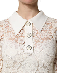 Dolce & Gabbana White Floral Lace Long Sleeves Shift Dress