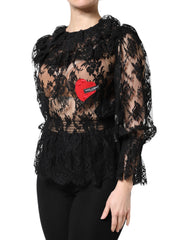 Dolce & Gabbana Black Cotton Floral Lace Women Blouse Top