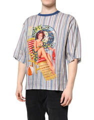 Dolce & Gabbana Multicolor Striped Pin Up Linen Round Neck T-shirt