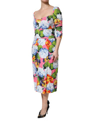 Dolce & Gabbana Multicolor Floral Pleated Sheath Midi Dress