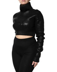 Dolce & Gabbana Black Wool Long Sleeve Turtleneck Cropped Top