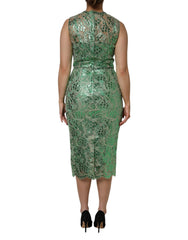 Dolce & Gabbana Green Cotton Floral Lace Sheath Midi Dress
