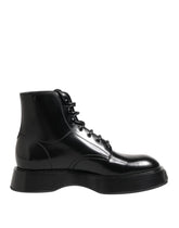 Dolce & Gabbana Black Leather Logo Ankle Boots Lace Up Shoes
