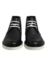 Dolce & Gabbana Black White Leather Ankle Boots Shoes