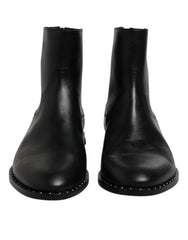 Dolce & Gabbana Black Leather Logo Ankle Boots Studded Shoes