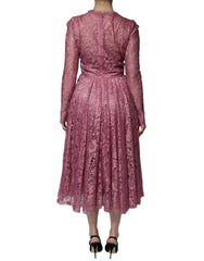 Dolce & Gabbana Pink Floral Lace Long Sleeve Midi Dress