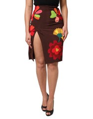 Dolce & Gabbana Brown Floral High Waist Side Slit Skirt