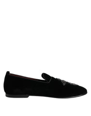 Dolce & Gabbana Black Velvet Embellished Loafer Slip On Shoes