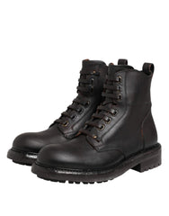 Dolce & Gabbana Dark Brown Leather Lace Up Mid Calf Boots Shoes