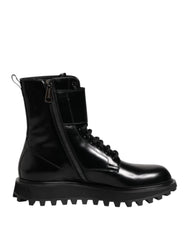 Dolce & Gabbana Black Leather Lace Up Mid Calf Boots Shoes