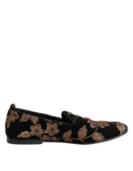 Dolce & Gabbana Black Floral Embroidery Men Loafers Shoes