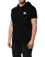 Dolce & Gabbana Black Sleeveless Hooded Logo Plaque Jacket