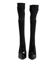 Dolce & Gabbana Black Leather Ribbed Knit Knee Boots Shoes