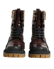 Dolce & Gabbana Maroon Leather Mid Calf Biker Boots Shoes