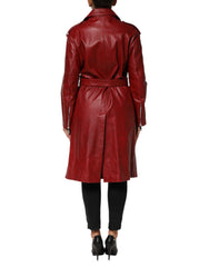 Dolce & Gabbana Red Leather Belted Full Zip Trench Coat Jacket
