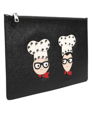 Dolce & Gabbana Black Leather #DGFAMILY Embellished Men Clutch Pouch Bag