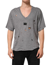 Dolce & Gabbana Gray Cotton Tattered Logo Patch Men T-shirt