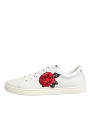 Dolce & Gabbana White Leather Rose Embroidery Low-Top Shoes
