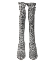 Dolce & Gabbana Shoes Silver Sequins Glitter High Heel Boot Shoes