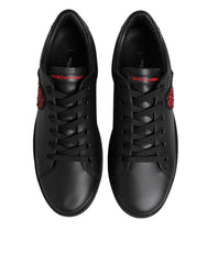 Dolce & Gabbana Black Leather Crystal Heart Low Top Sneakers Shoes