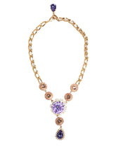 Dolce & Gabbana Gold Brass Crystal Pearl Purple Floral Pendant Jewelry Necklace