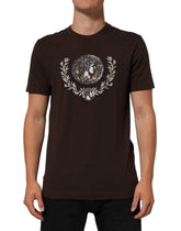 Dolce & Gabbana Brown Coin Laurel Print Men Crew Neck T-shirt