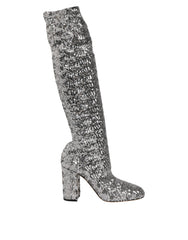 Dolce & Gabbana Silver Sequins Glitter High Heel Boot Shoes