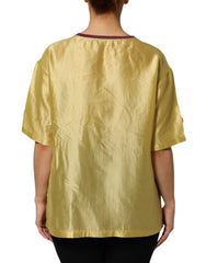 Dolce & Gabbana Yellow Silk Satin Floral Lace Short Sleeves Top