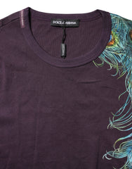 Dolce & Gabbana Violet Peacock Feather Men Crew Neck T-Shirt