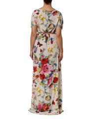 Dolce & Gabbana White Floral Print Silk Sheath LongGown Dress